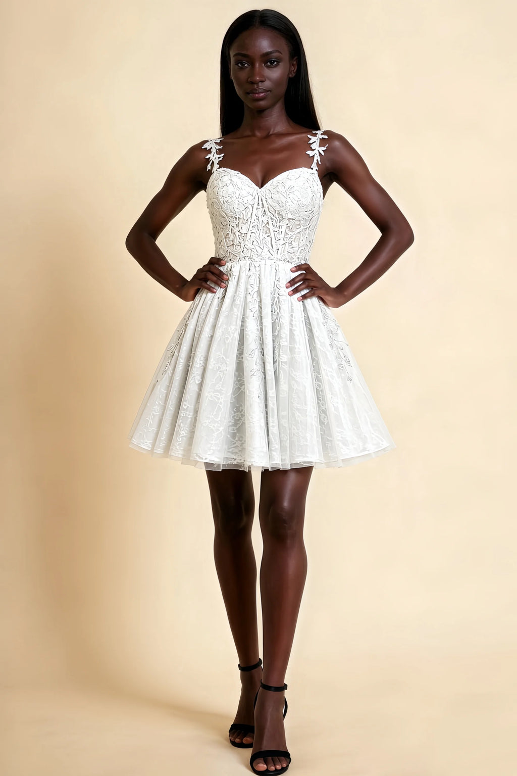Angela White Lace Corset Spaghetti Straps Mini Dress
