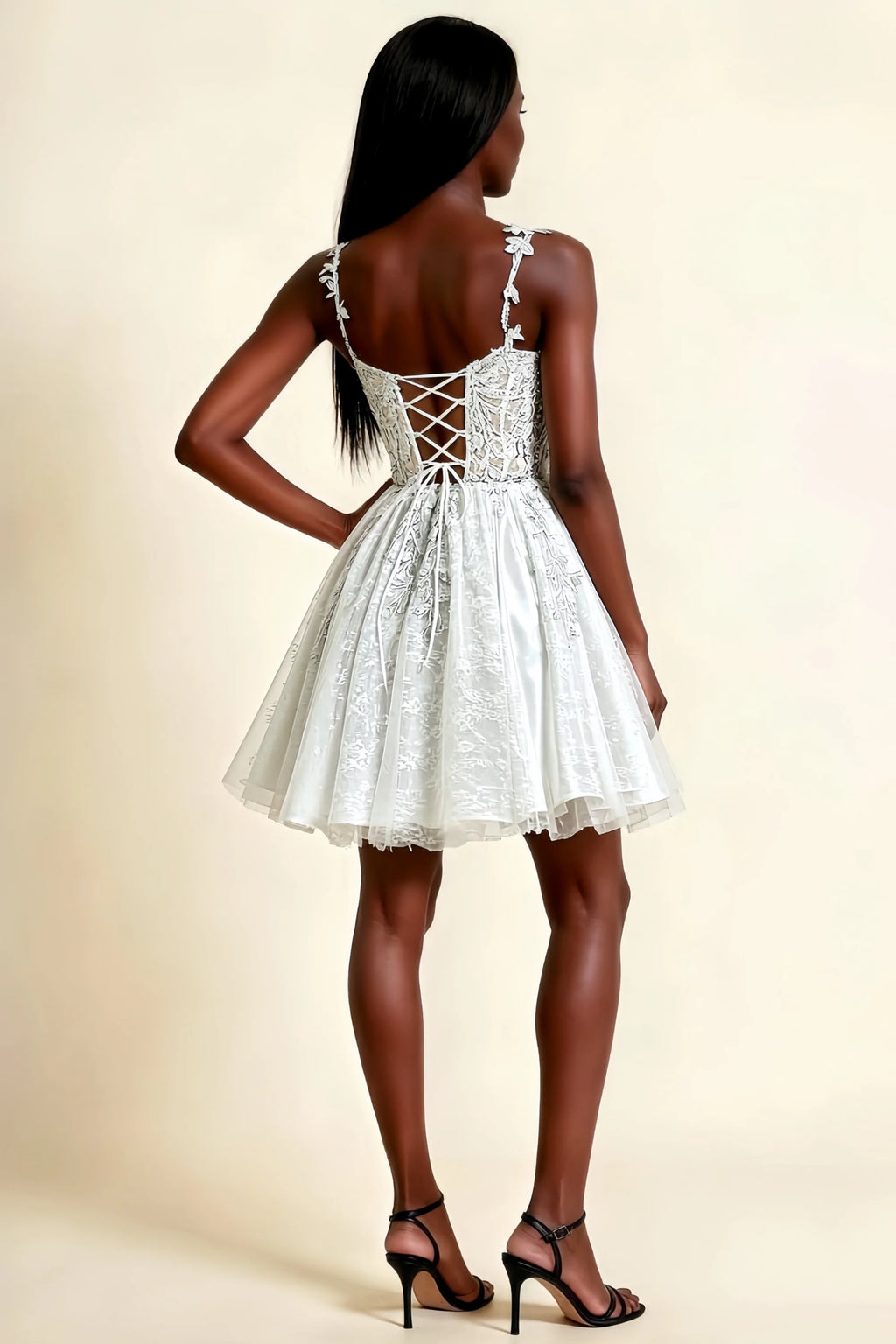 Angela White Lace Corset Spaghetti Straps Mini Dress