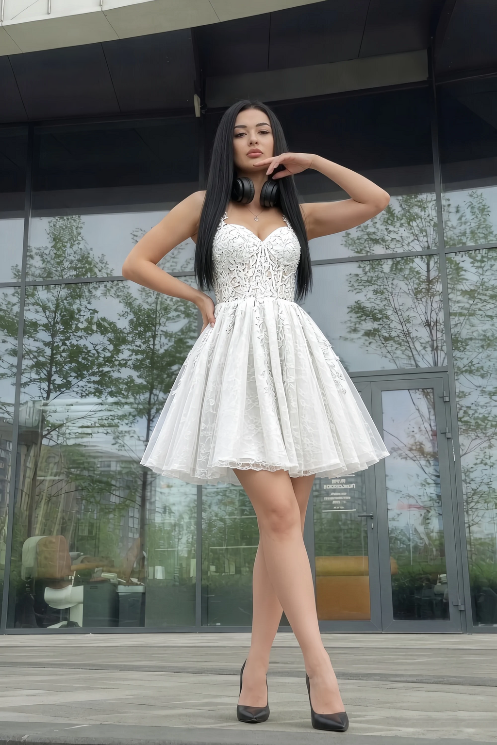 Angela White Lace Corset Spaghetti Straps Mini Dress
