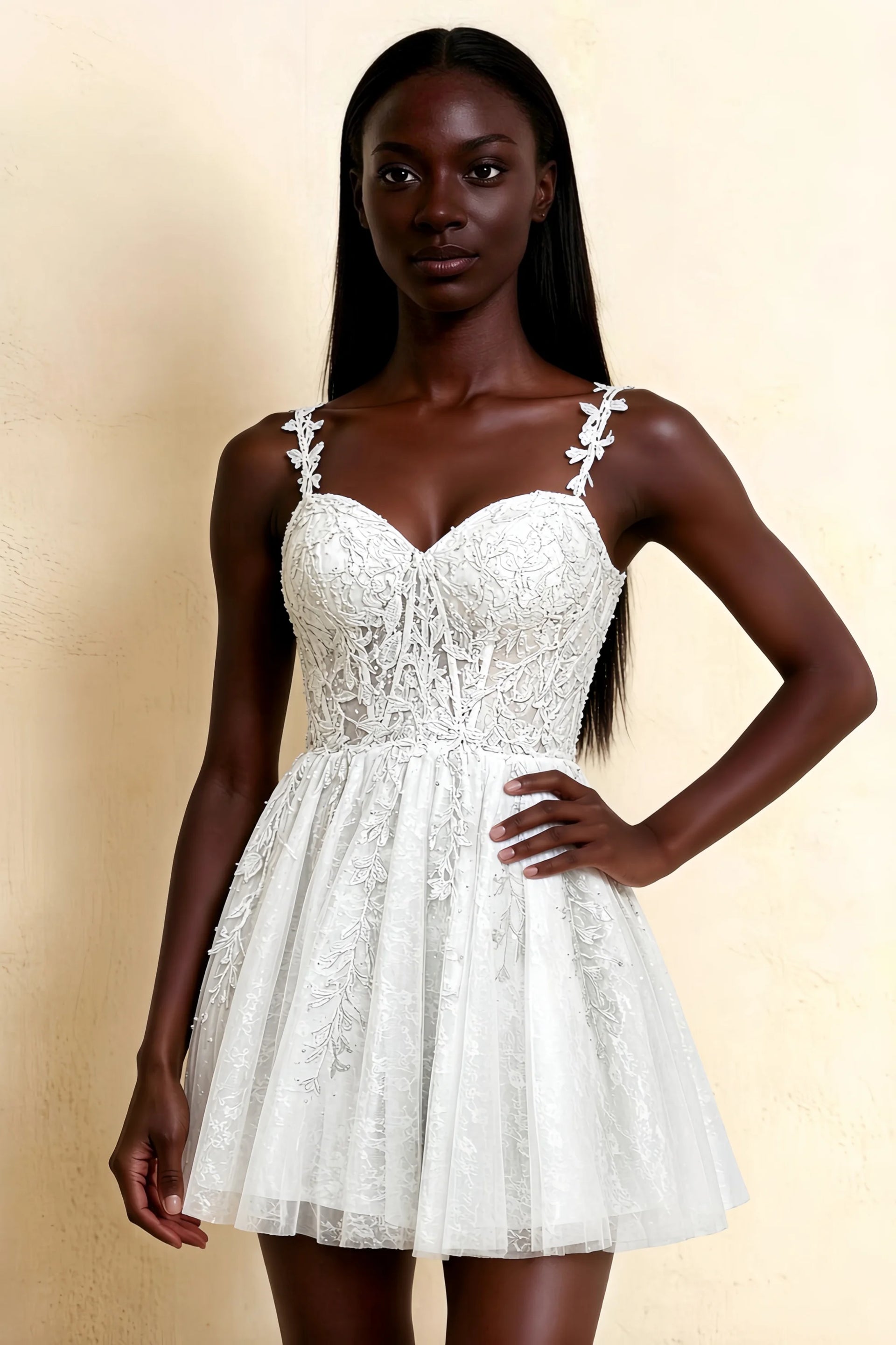 Angela White Lace Corset Spaghetti Straps Mini Dress