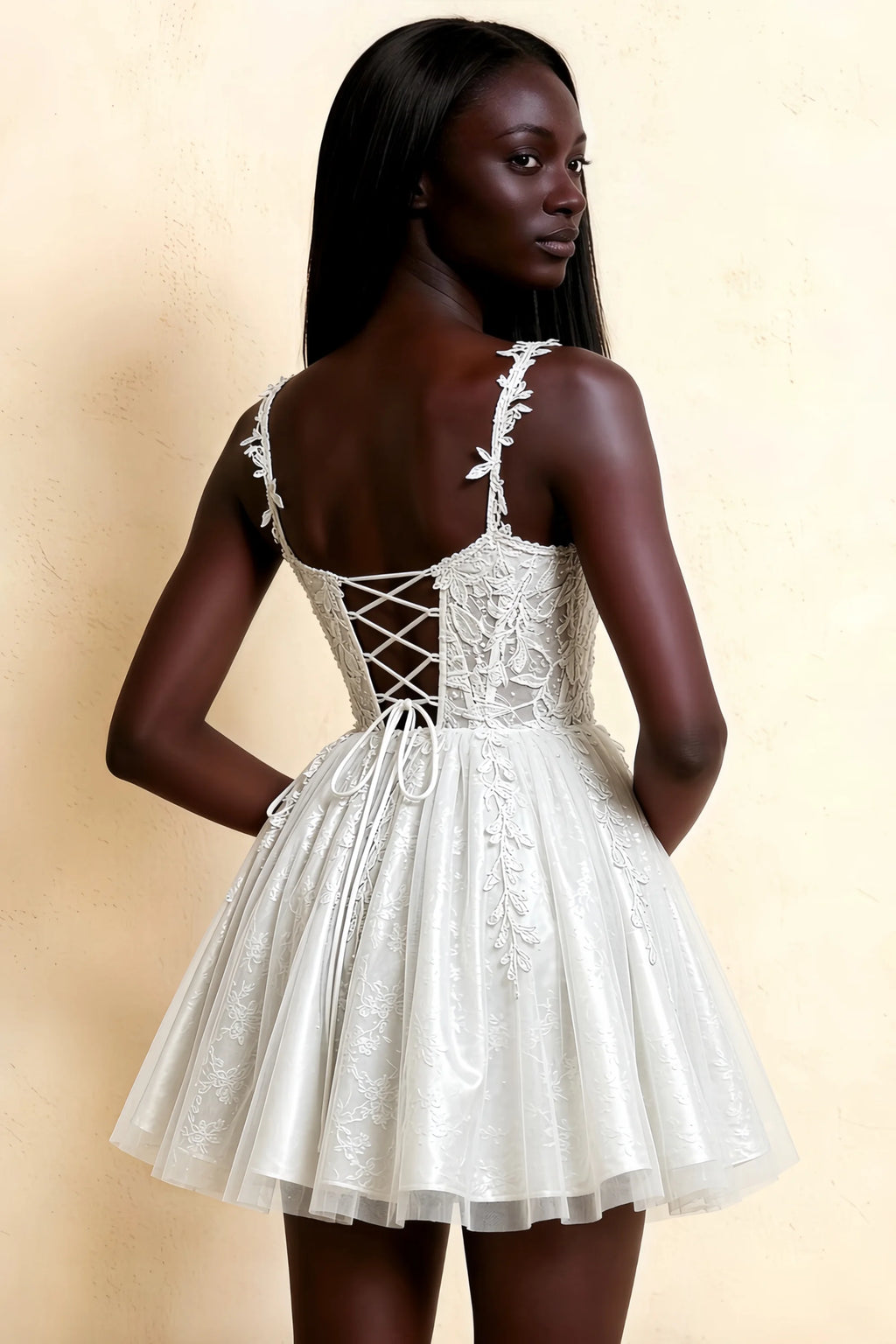 Angela White Lace Corset Spaghetti Straps Mini Dress