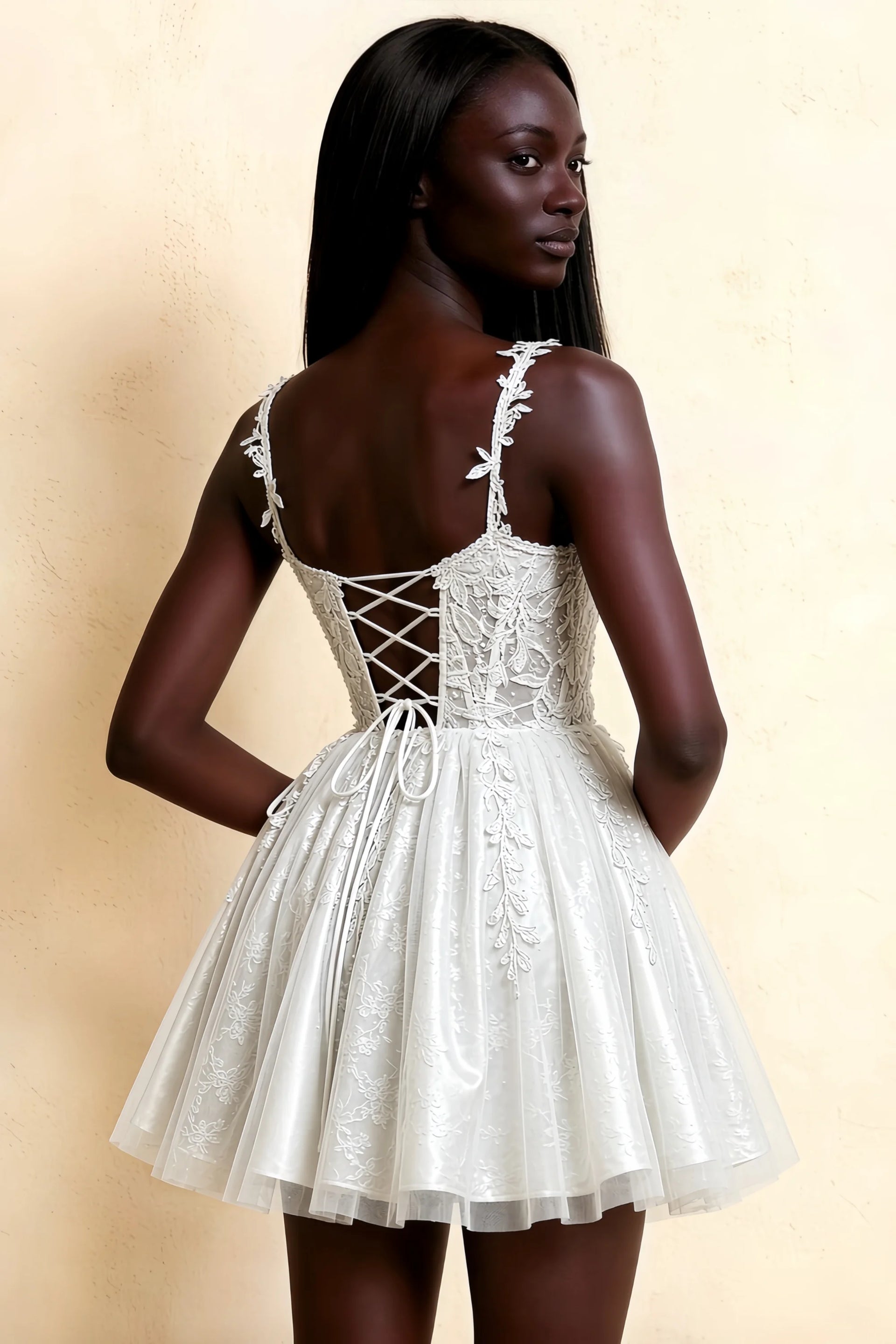 Angela White Lace Corset Spaghetti Straps Mini Dress