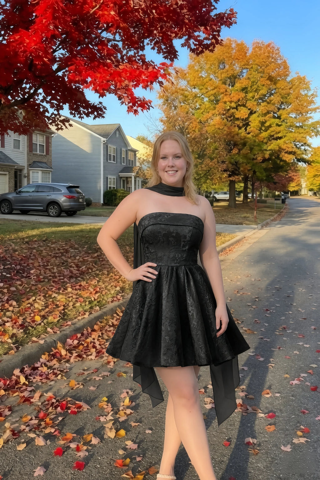 Angelina Black Jacquard Fit and Flare Mini Dress with Scarf Detail