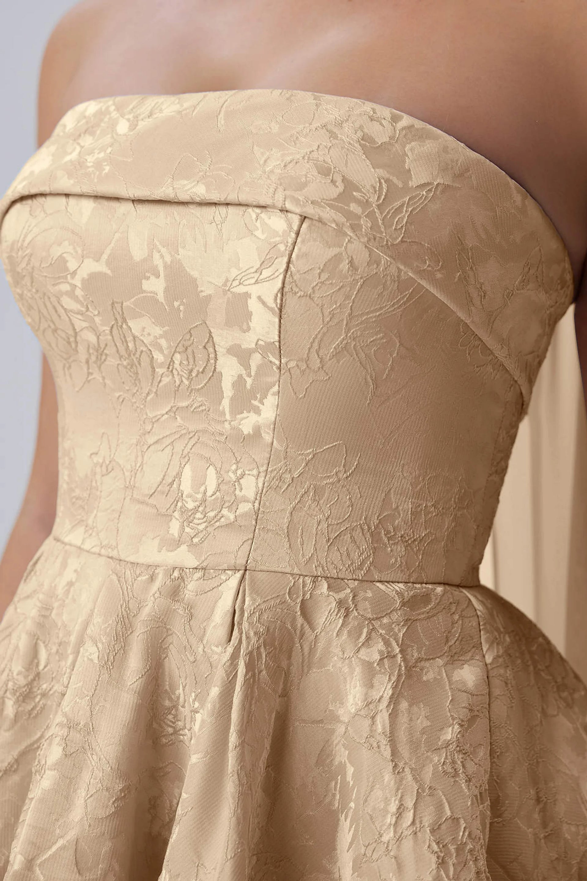 Angelina Champagne Jacquard Fit and Flare Mini Dress with Scarf Detail