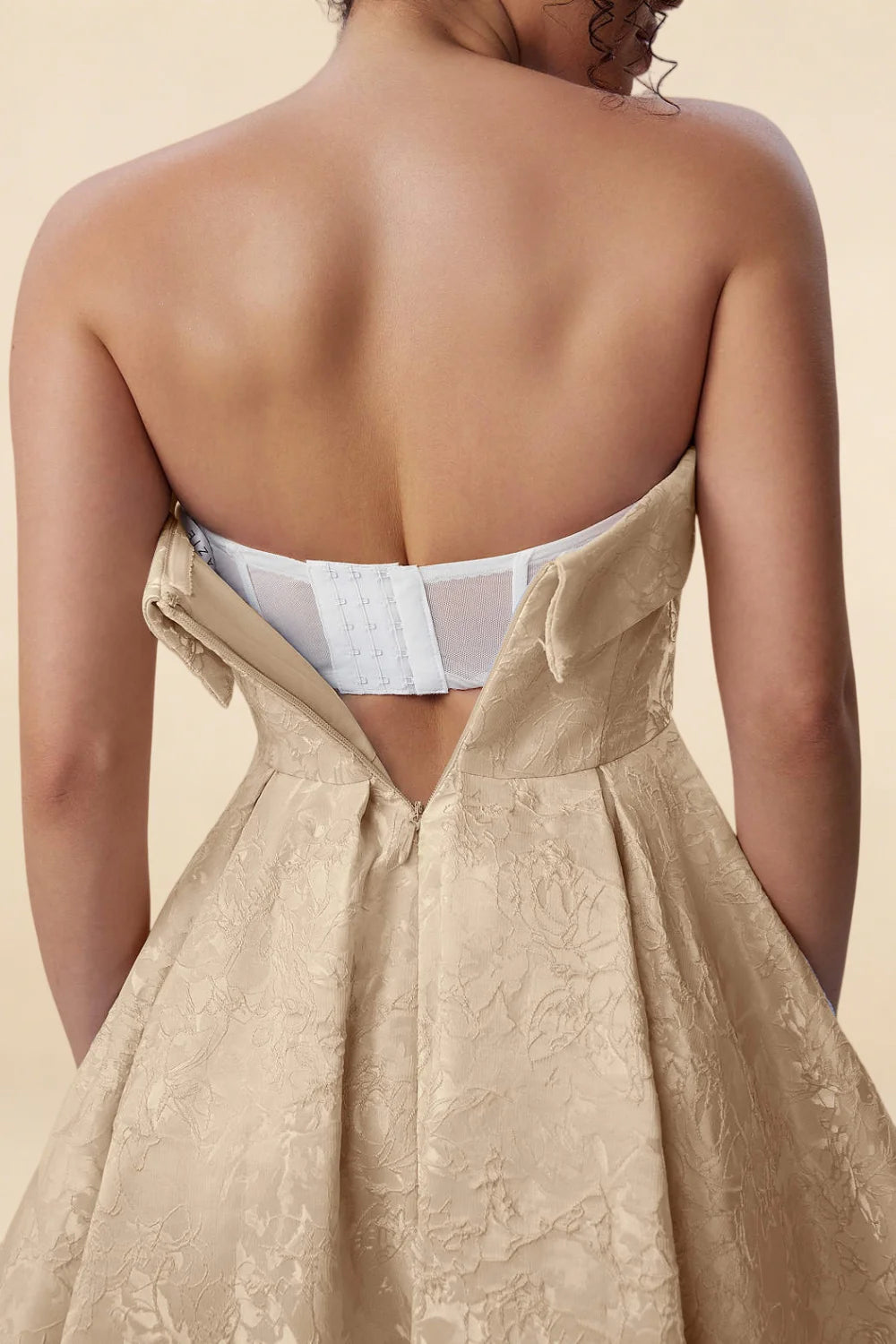 Angelina Champagne Jacquard Fit and Flare Mini Dress with Scarf Detail