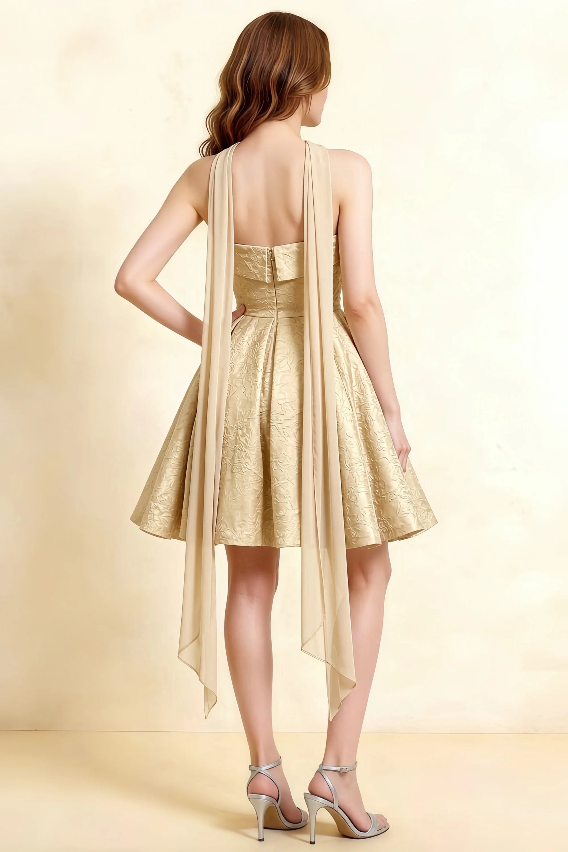 Angelina Champagne Jacquard Fit and Flare Mini Dress with Scarf Detail
