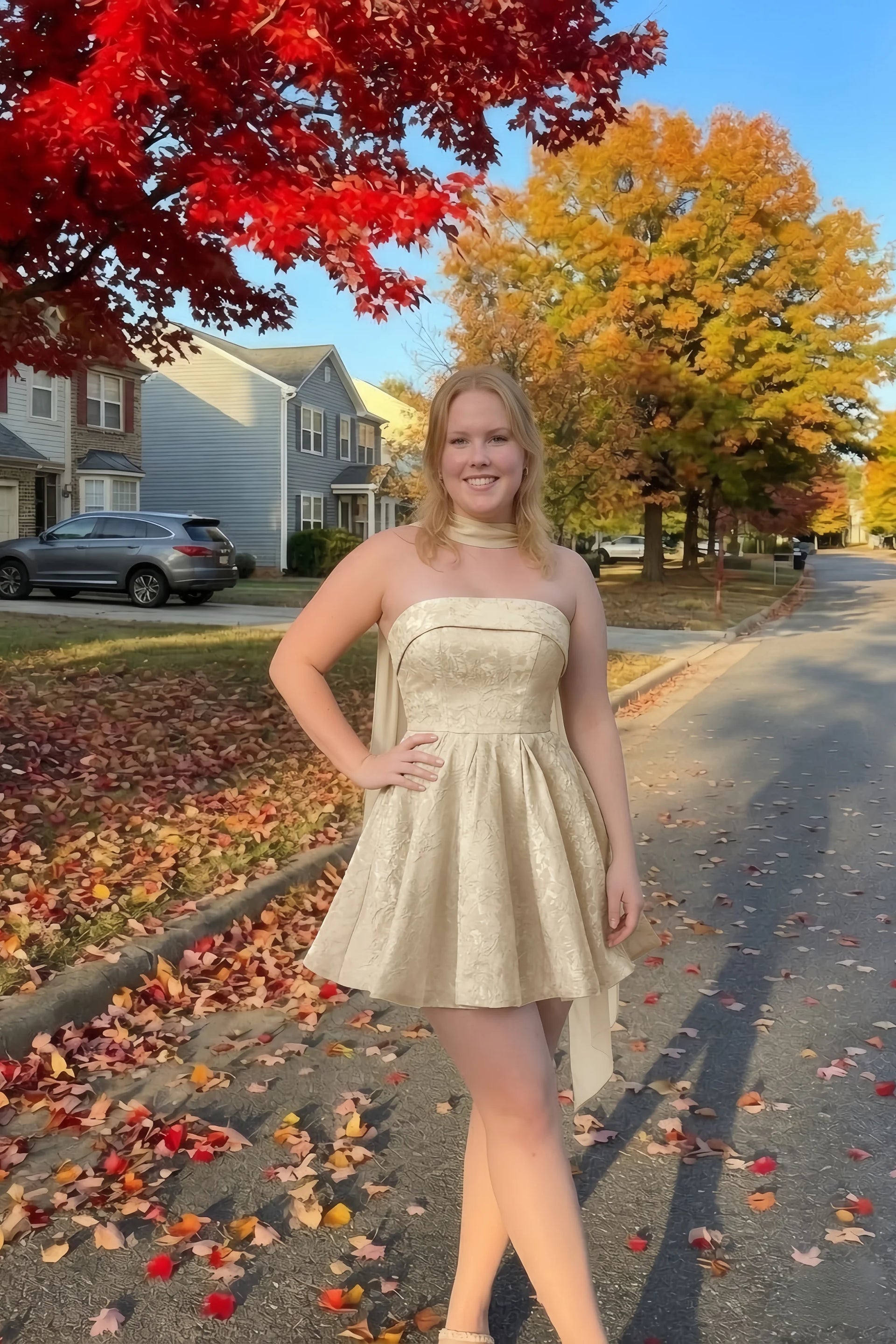 Angelina Champagne Jacquard Fit and Flare Mini Dress with Scarf Detail