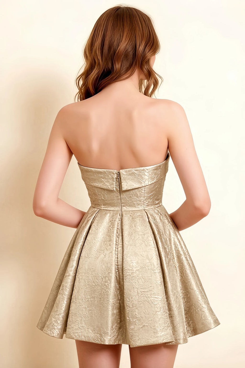 Angelina Champagne Jacquard Fit and Flare Mini Dress with Scarf Detail