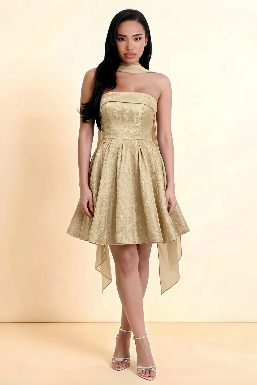 Angelina Champagne Jacquard Fit and Flare Mini Dress with Scarf Detail