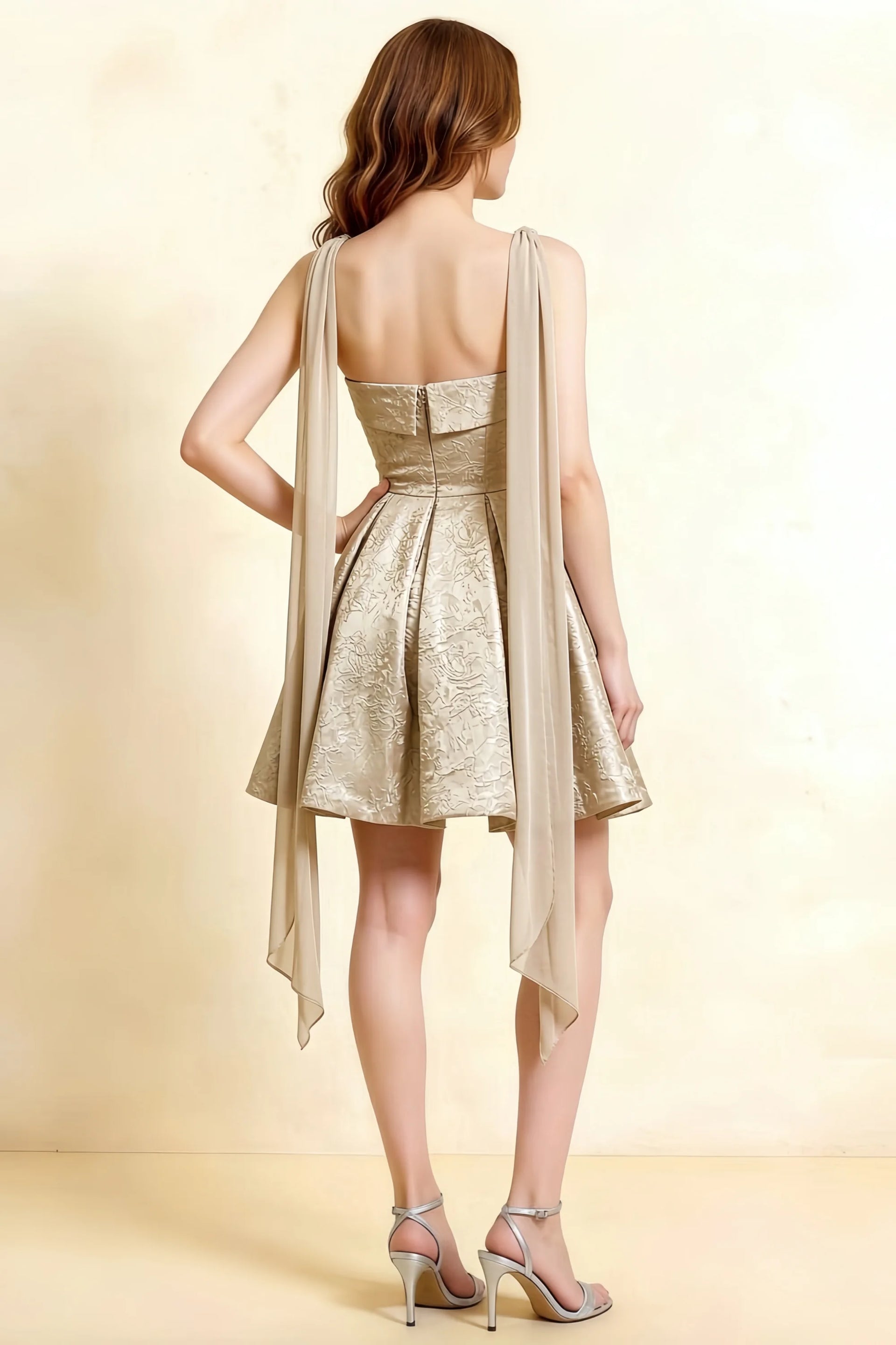 Angelina Light Apricot Jacquard Fit and Flare Mini Dress with Scarf Detail