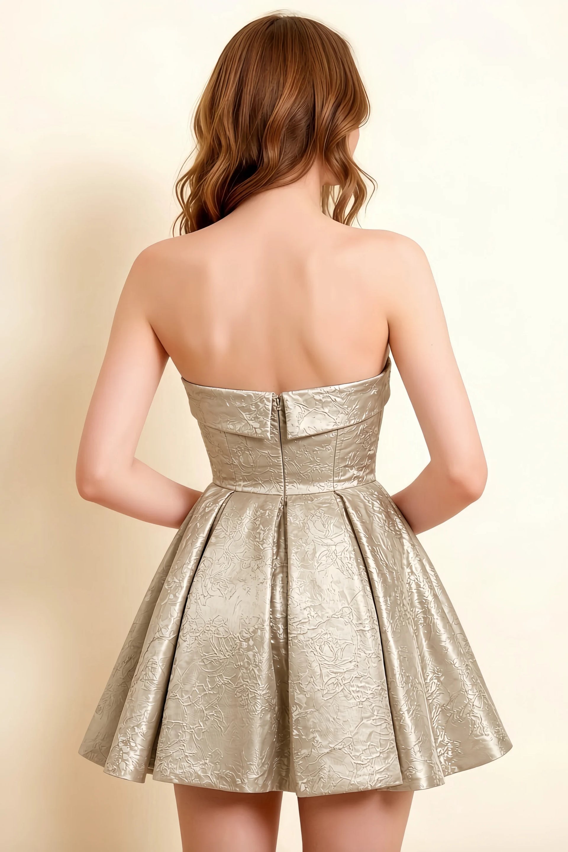 Angelina Light Apricot Jacquard Fit and Flare Mini Dress with Scarf Detail