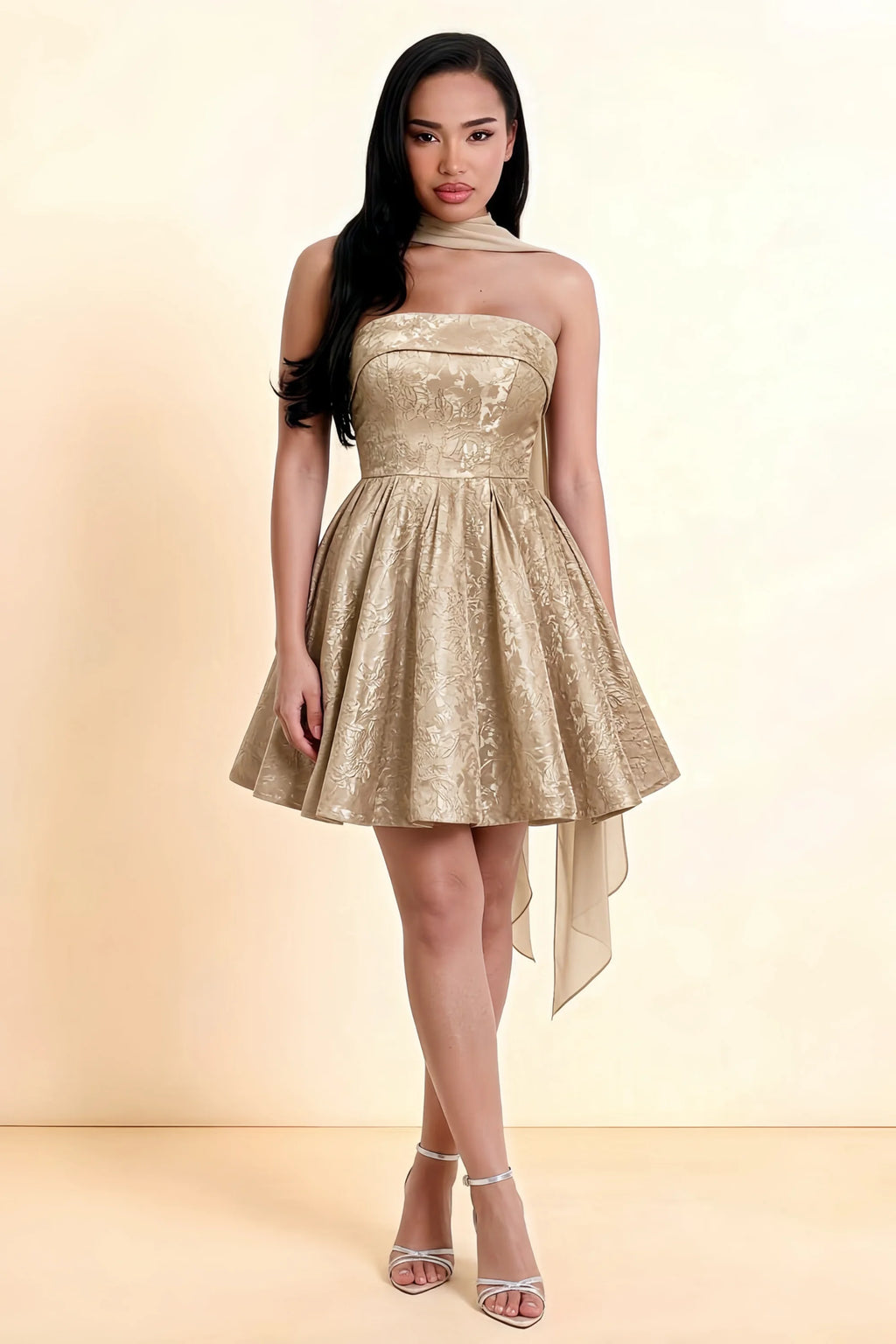 Angelina Light Apricot Jacquard Fit and Flare Mini Dress with Scarf Detail