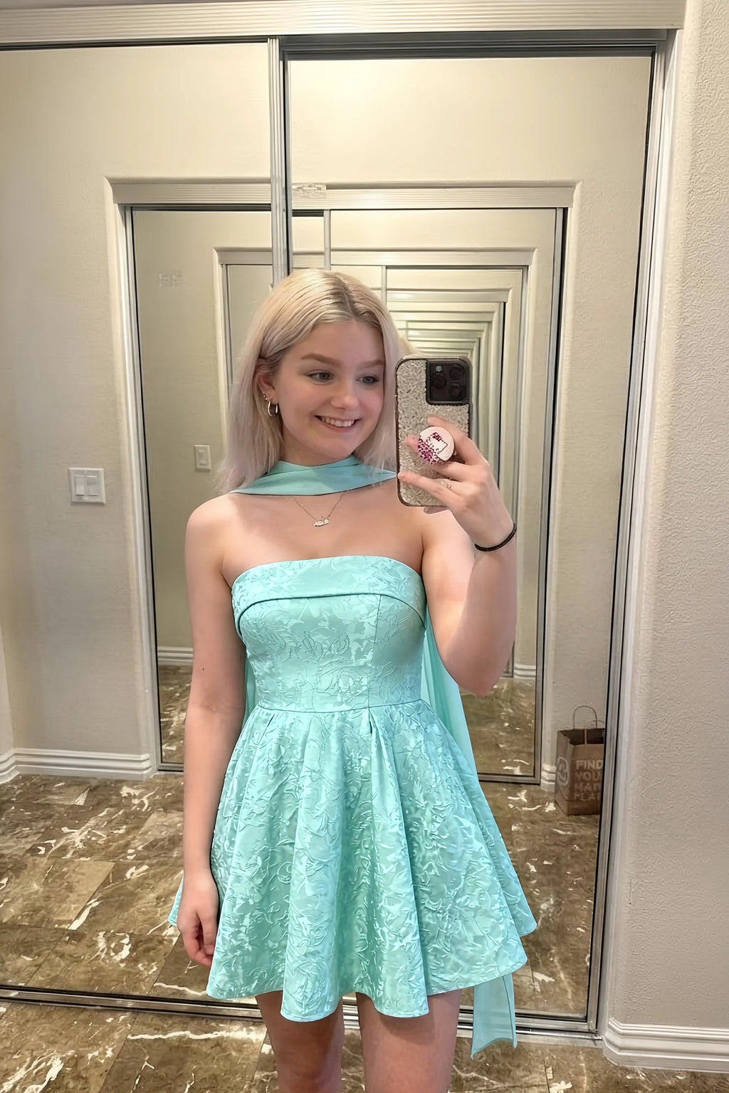 Angelina Mint Jacquard Fit and Flare Mini Dress with Scarf Detail