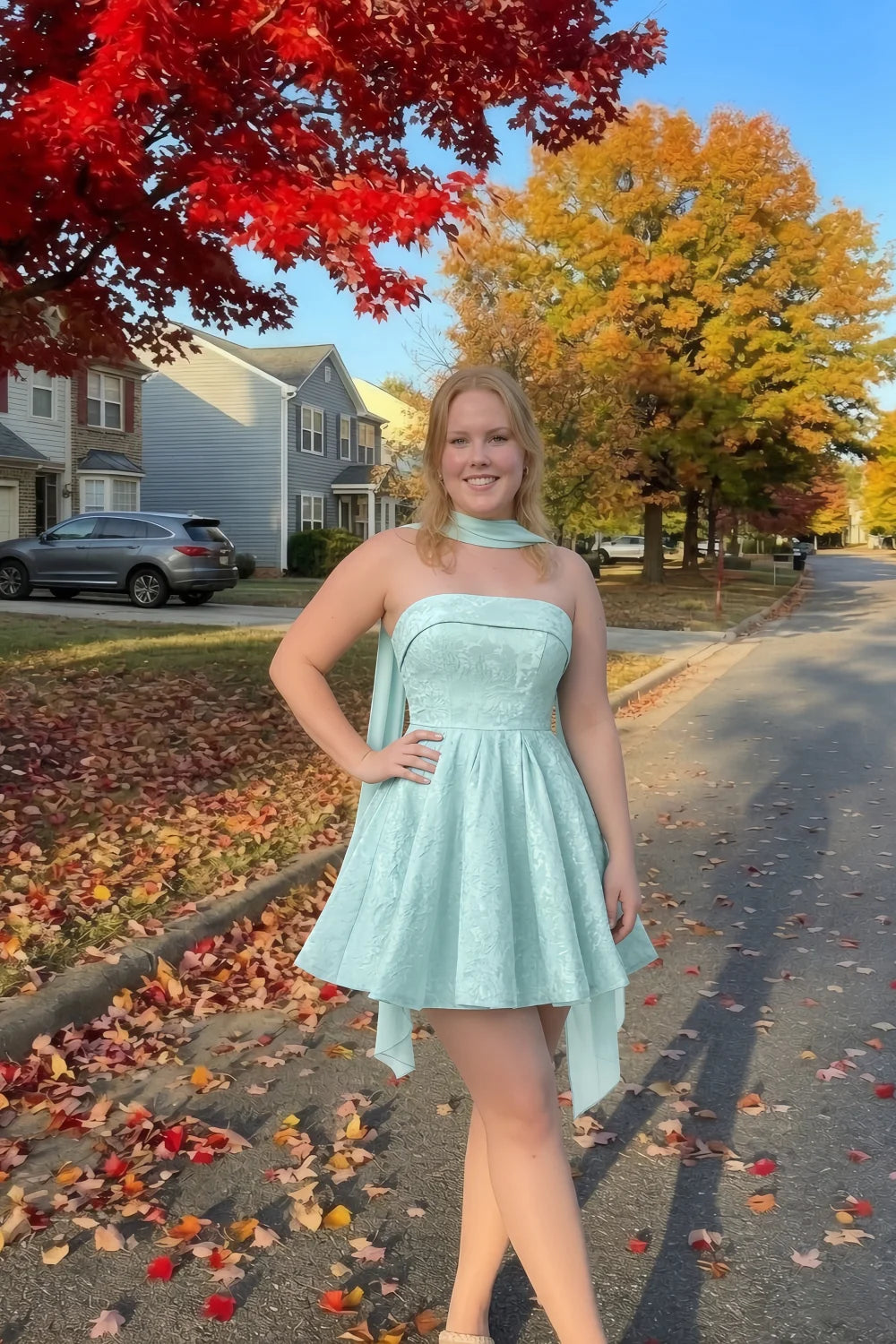 Angelina Mint Jacquard Fit and Flare Mini Dress with Scarf Detail