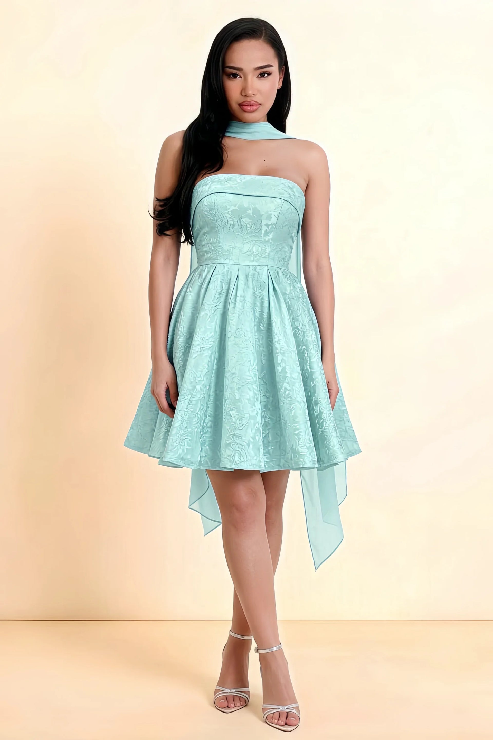 Angelina Mint Jacquard Fit and Flare Mini Dress with Scarf Detail