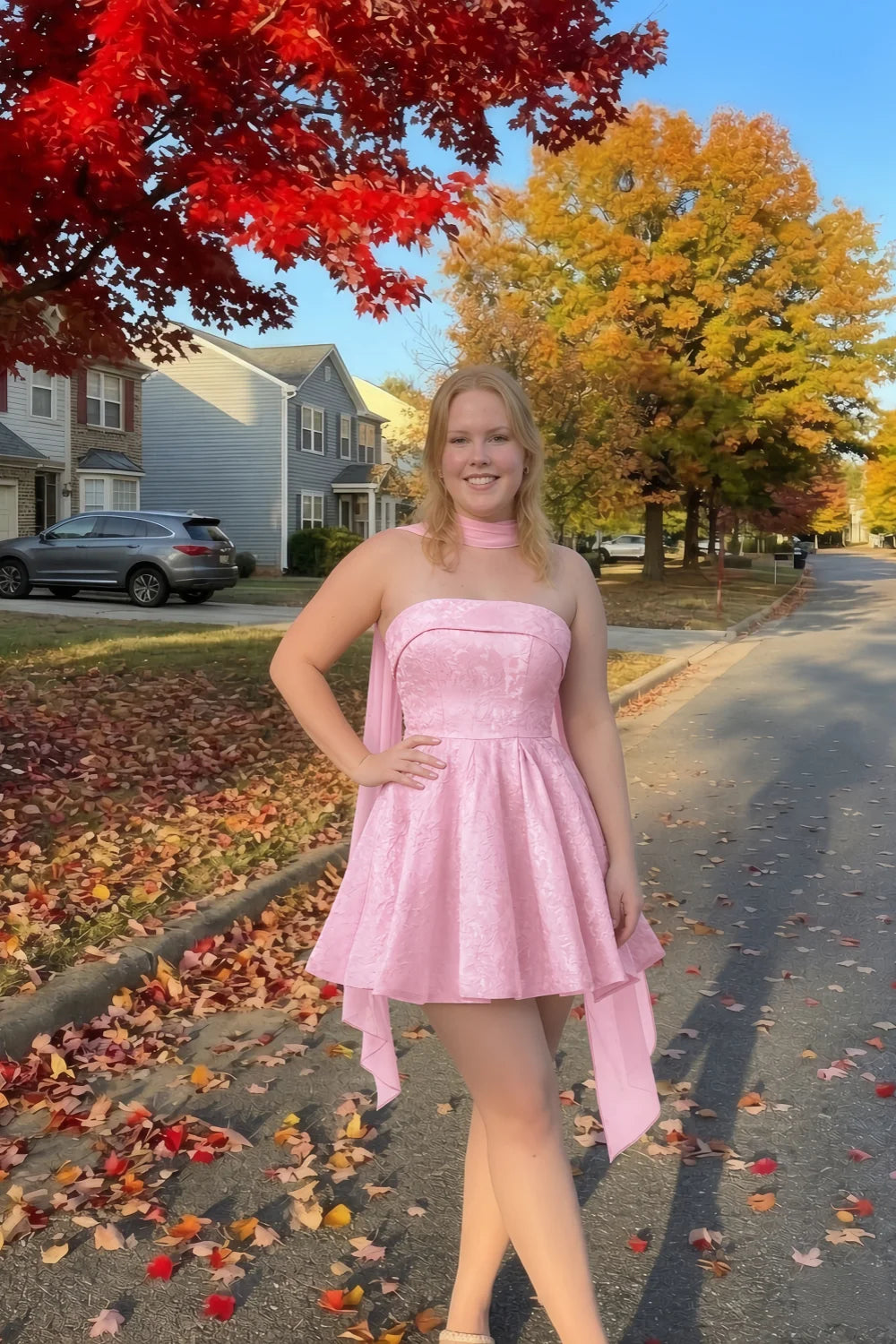 Angelina Pink Jacquard Fit and Flare Mini Dress with Scarf Detail