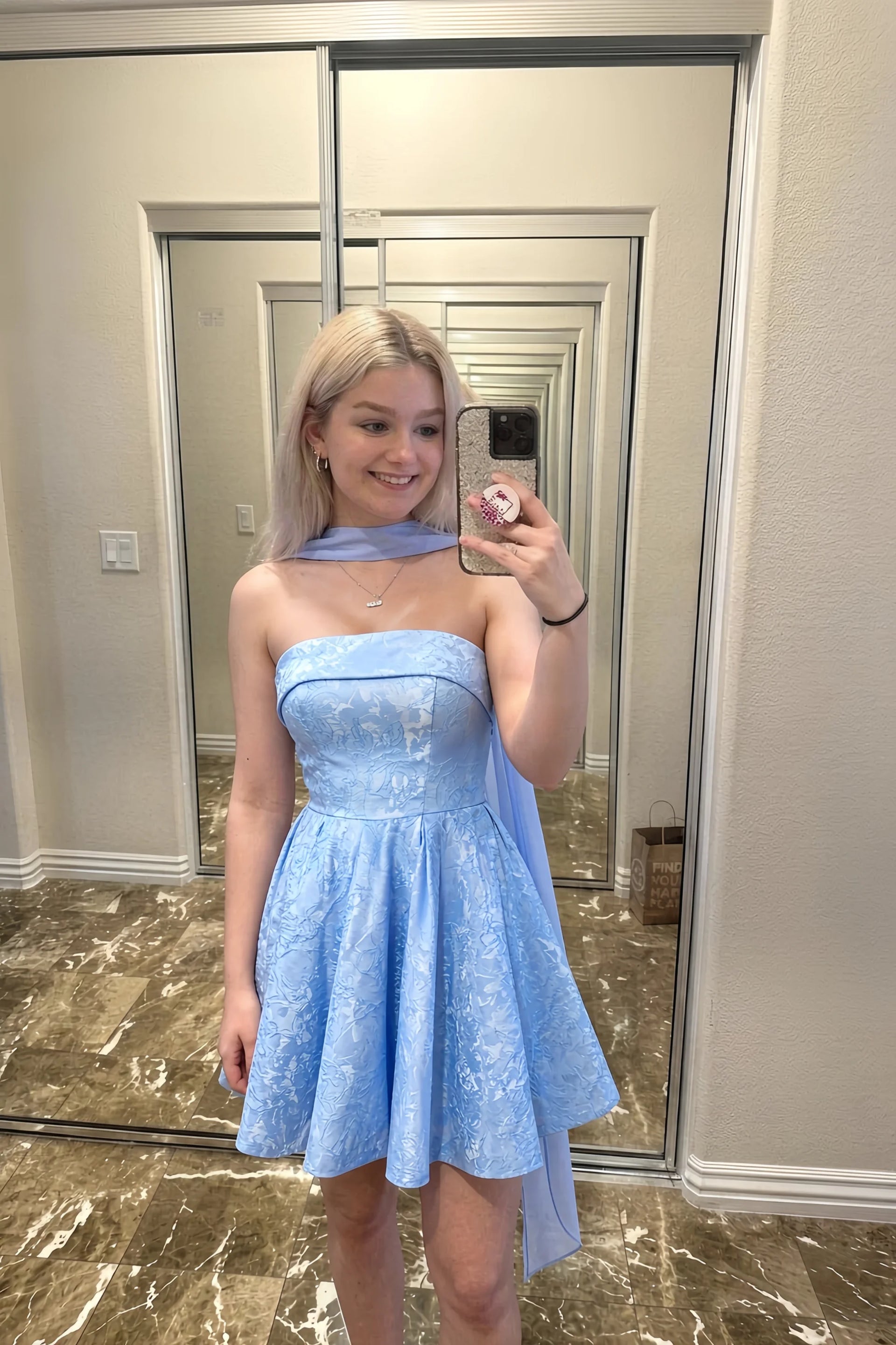Angelina Sky Blue Jacquard Fit and Flare Mini Dress with Scarf Detail
