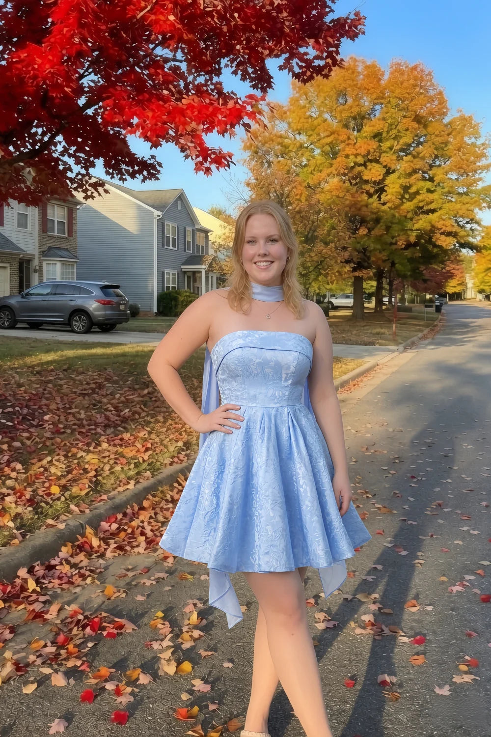 Angelina Sky Blue Jacquard Fit and Flare Mini Dress with Scarf Detail
