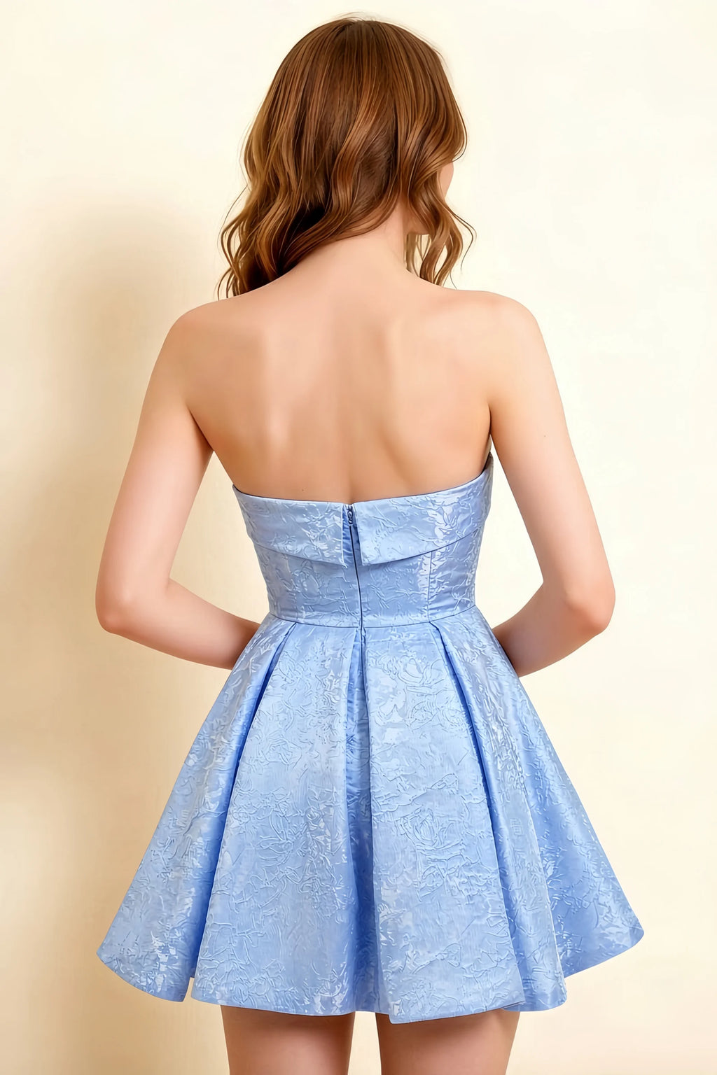 Angelina Sky Blue Jacquard Fit and Flare Mini Dress with Scarf Detail