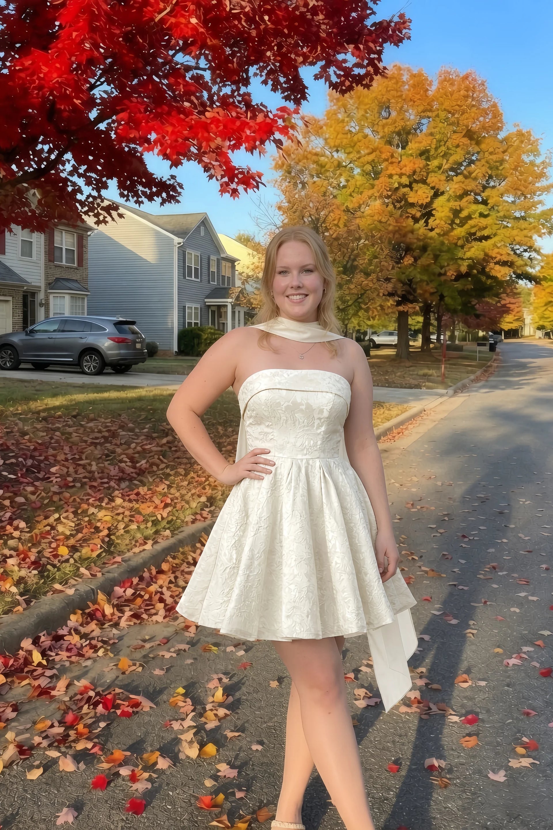 Angelina White Jacquard Fit and Flare Mini Dress with Scarf Detail