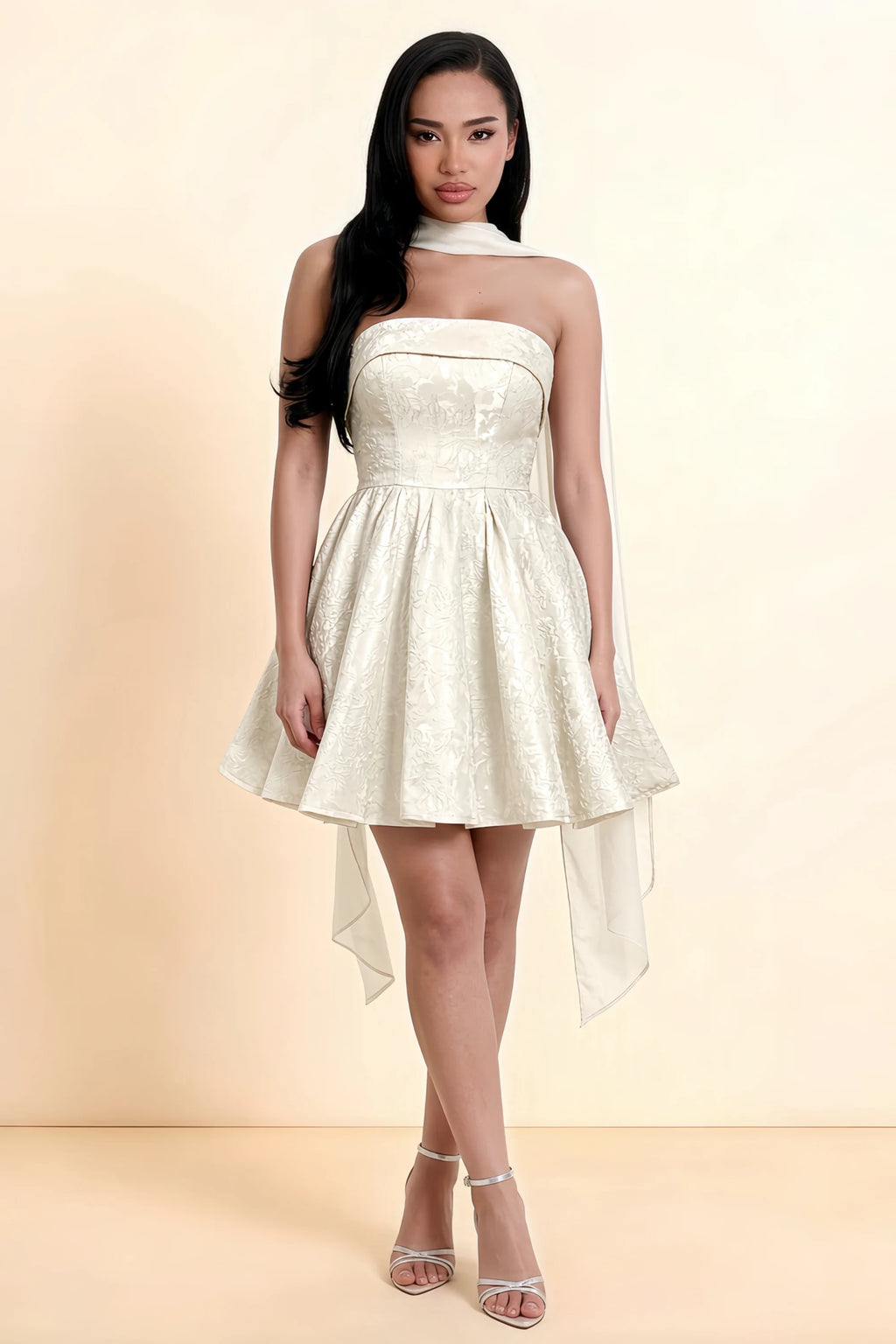 Angelina White Jacquard Fit and Flare Mini Dress with Scarf Detail