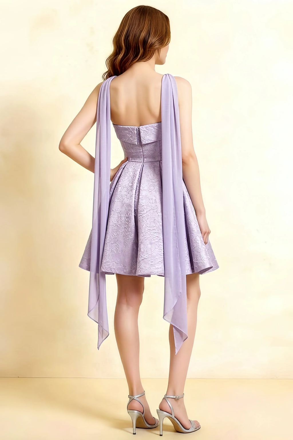 Angelina Wisteria Jacquard Fit and Flare Mini Dress with Scarf Detail