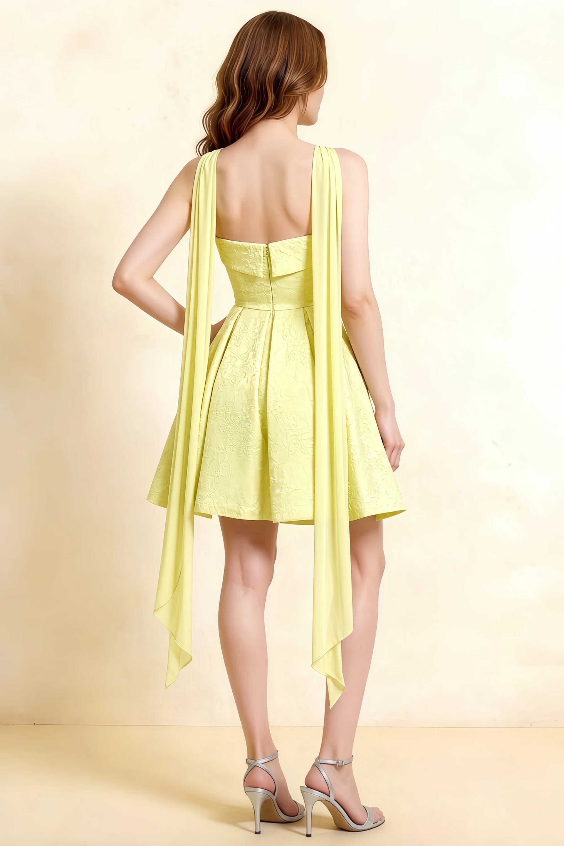 Angelina Yellow Jacquard Fit and Flare Mini Dress with Scarf Detail