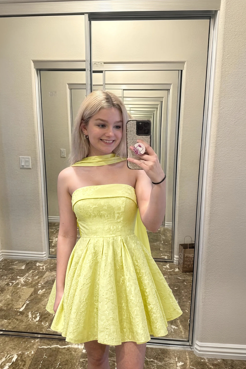 Angelina Yellow Jacquard Fit and Flare Mini Dress with Scarf Detail