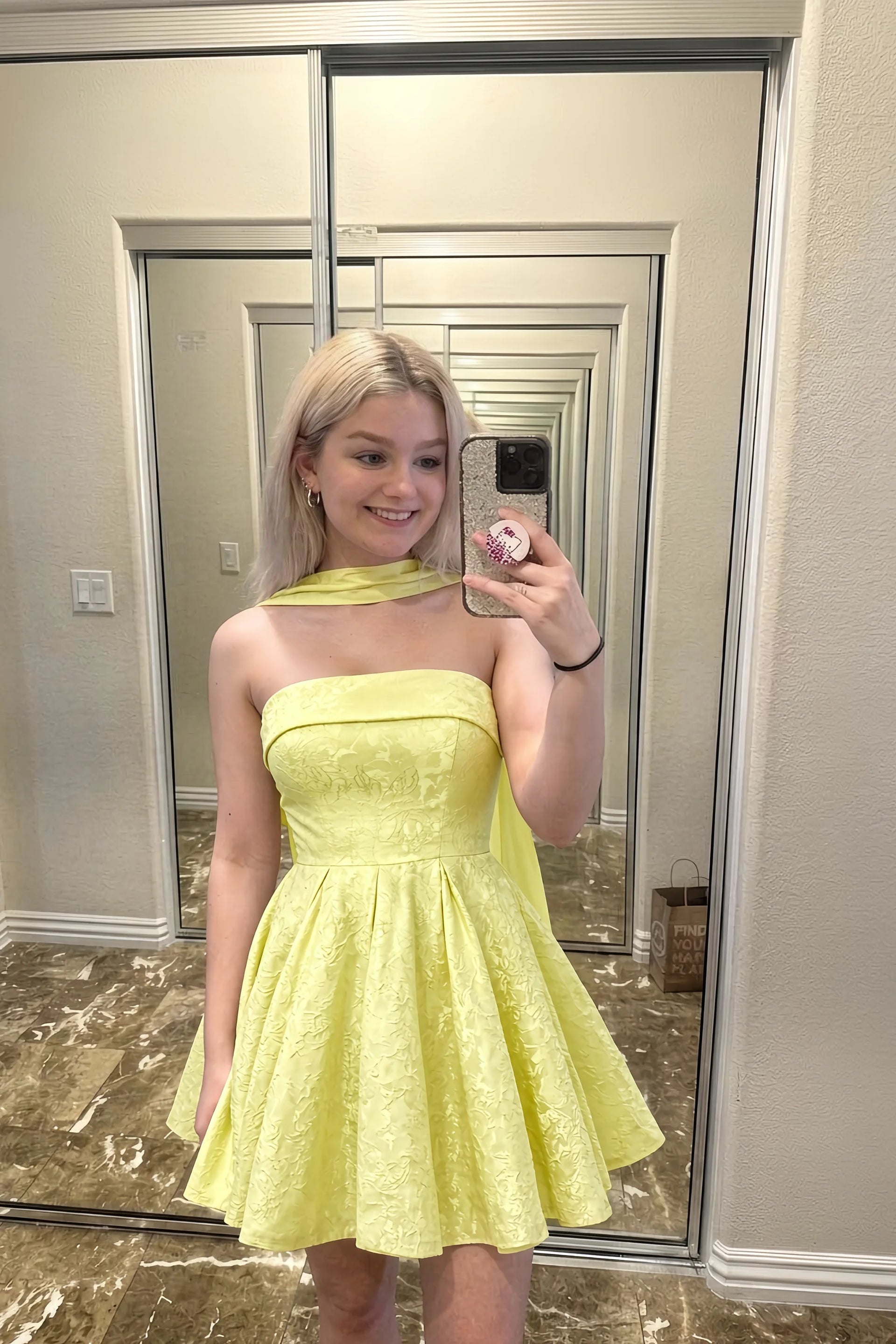 Angelina Yellow Jacquard Fit and Flare Mini Dress with Scarf Detail