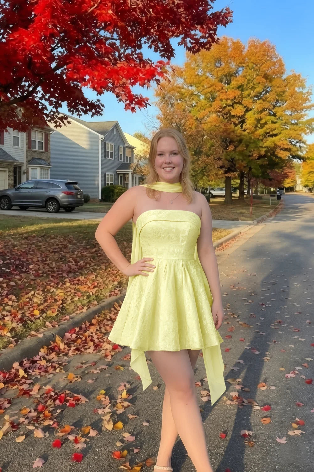 Angelina Yellow Jacquard Fit and Flare Mini Dress with Scarf Detail