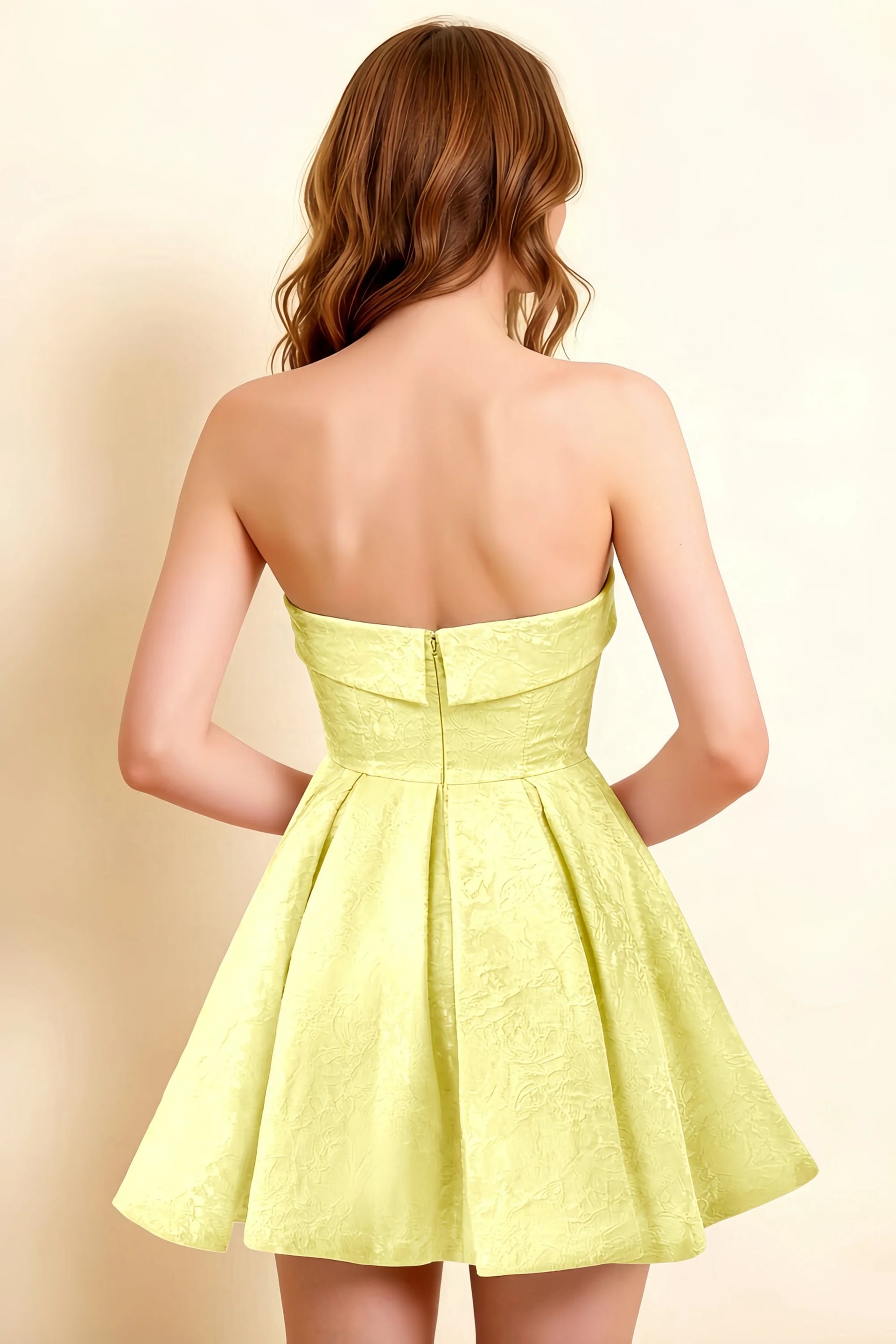 Angelina Yellow Jacquard Fit and Flare Mini Dress with Scarf Detail