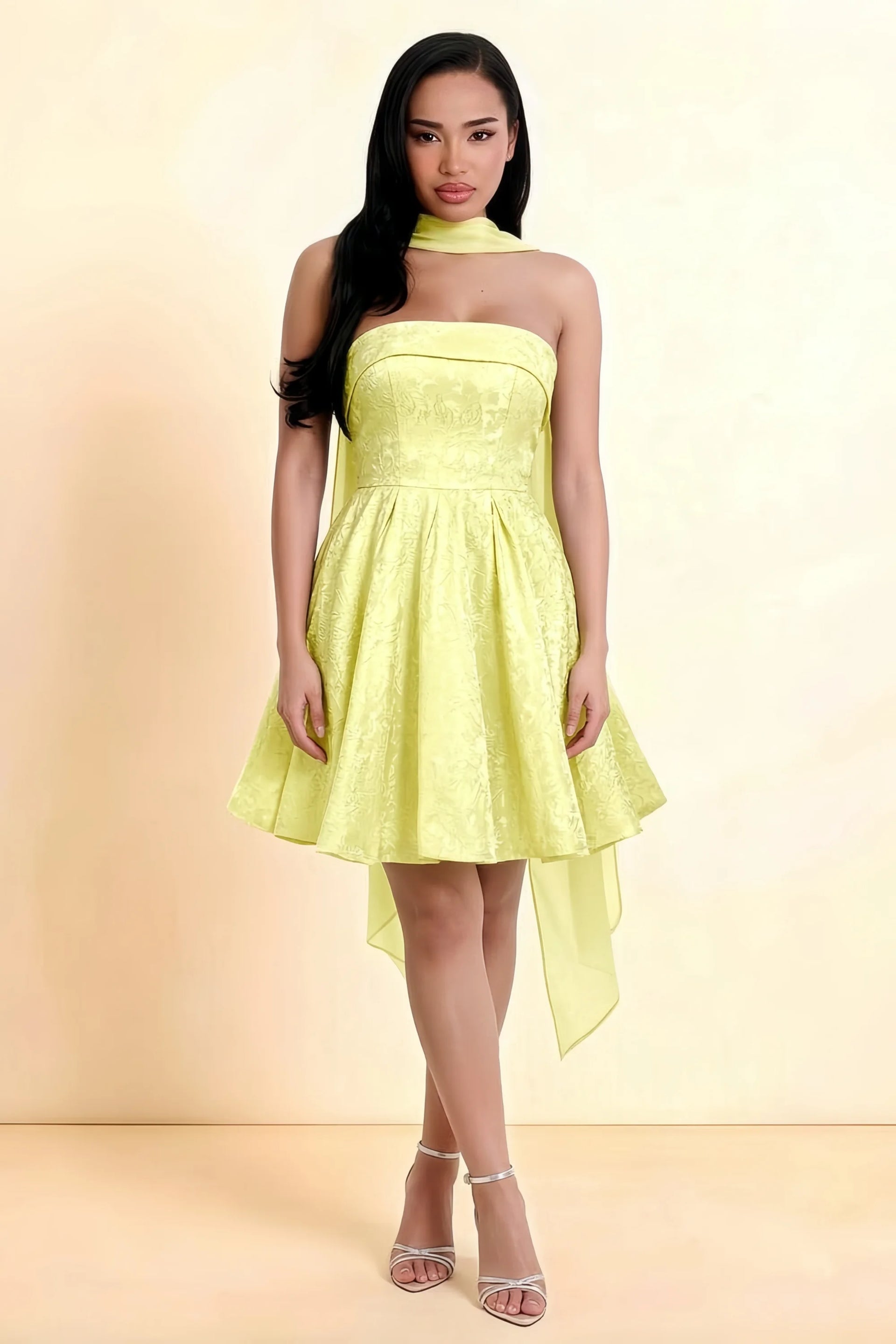 Angelina Yellow Jacquard Fit and Flare Mini Dress with Scarf Detail