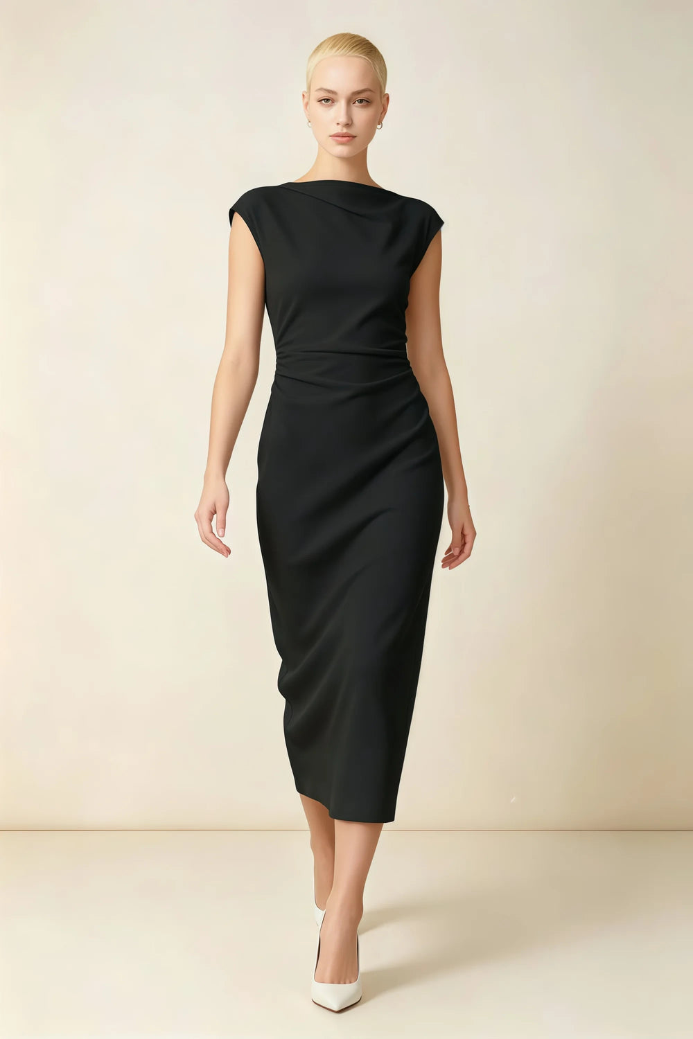 Translation missing: en.Front view of the LVLVS Anita black midi dress, showing the draped neckline, cap sleeves and gathered waist. content.product_image_main