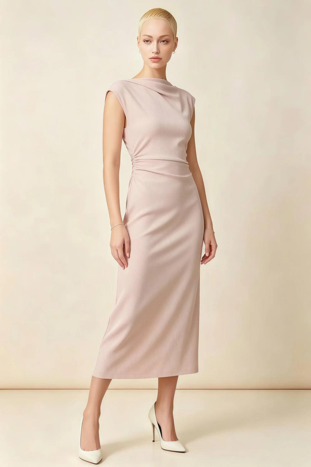 Translation missing: en.Front view of the LVLVS Anita blush midi dress, showing the draped neckline, cap sleeves and gathered waist. content.product_image_main