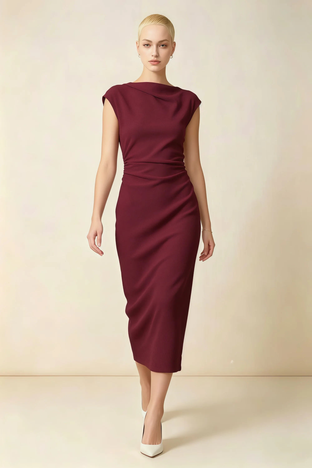 Translation missing: en.Front view of the LVLVS Anita burgundy midi dress, showing the draped neckline, cap sleeves and gathered waist. content.product_image_main