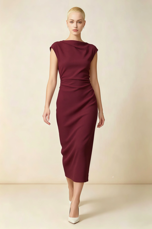 Anita Burgundy Draped Neck Cap Sleeve Midi Dress
