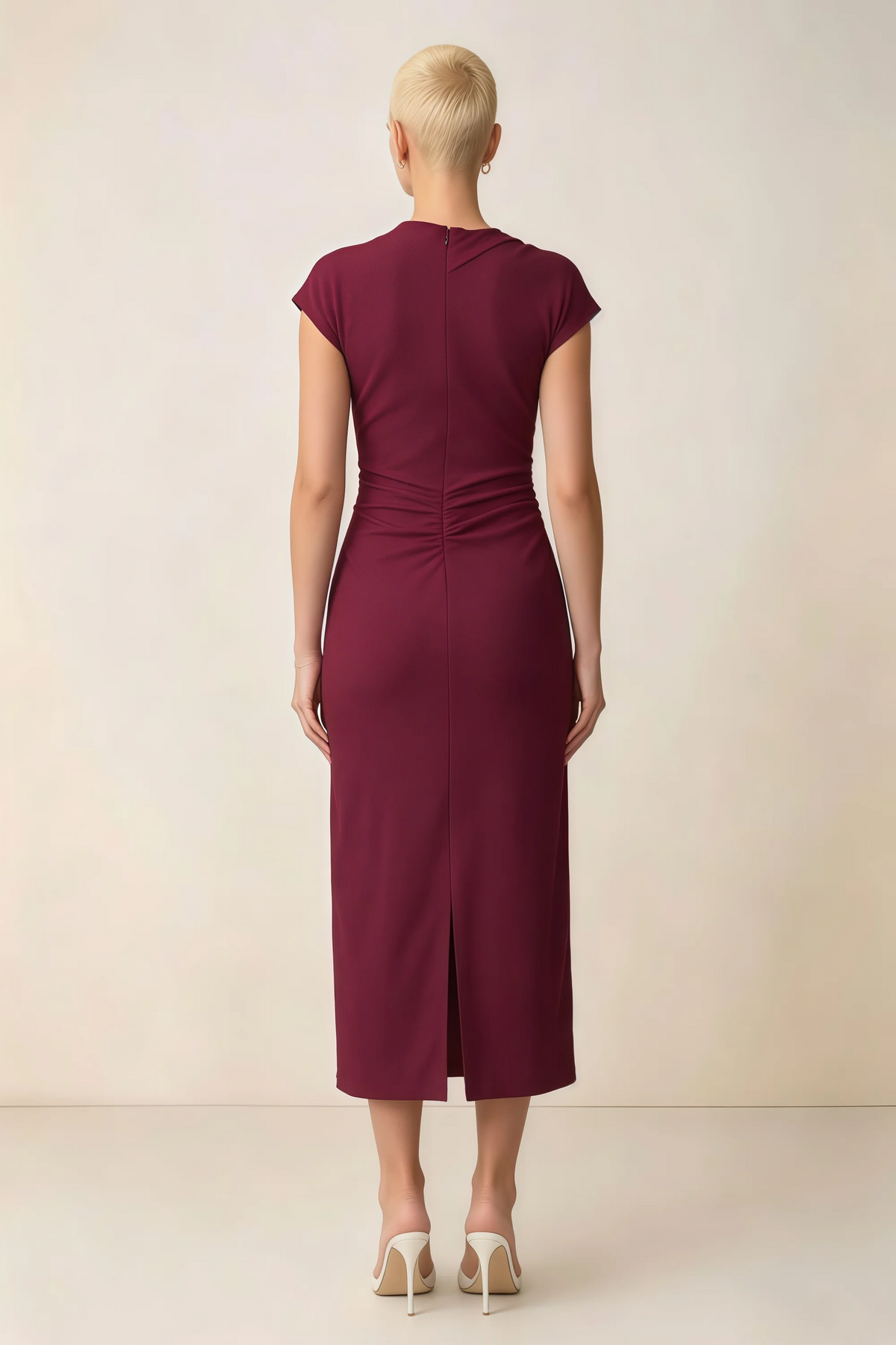 Anita Burgundy Draped Neck Cap Sleeve Midi Dress