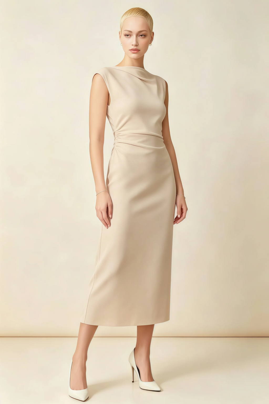 Anita Champagne Draped Neck Cap Sleeve Midi Dress