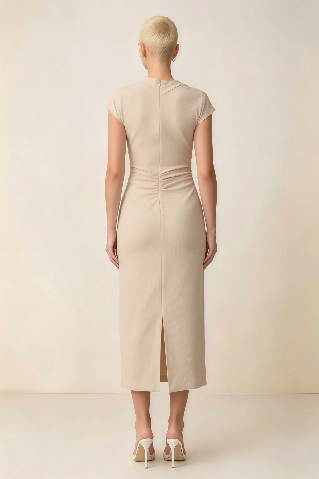 Anita Champagne Draped Neck Cap Sleeve Midi Dress