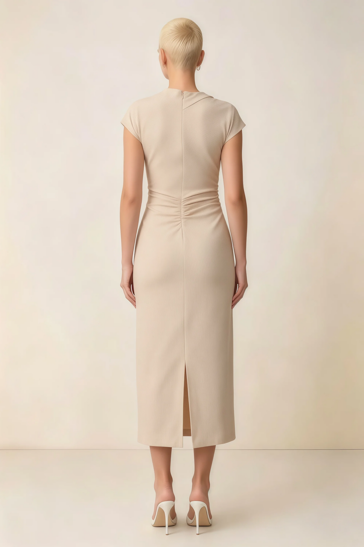 Anita Champagne Draped Neck Cap Sleeve Midi Dress