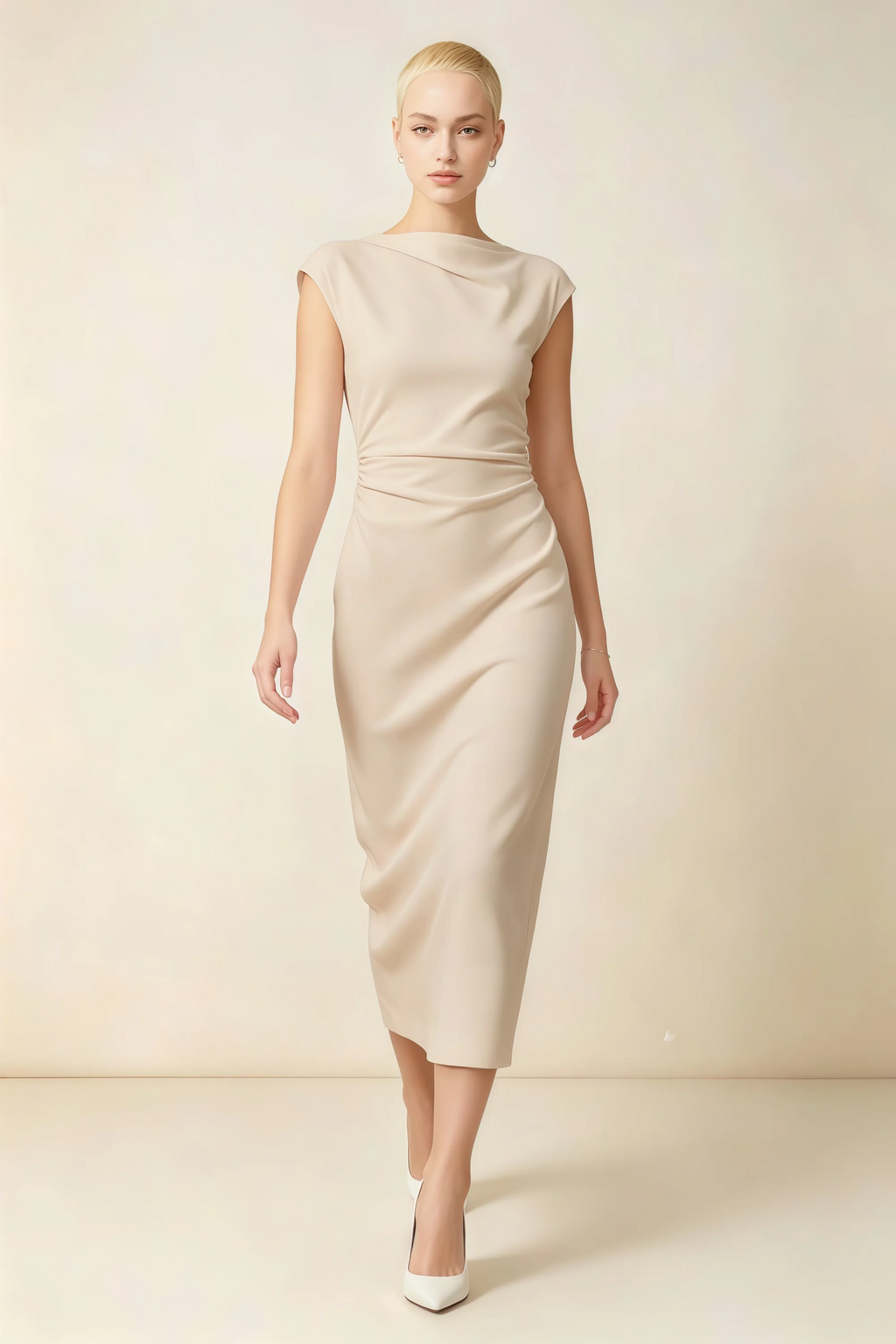 Anita Champagne Draped Neck Cap Sleeve Midi Dress