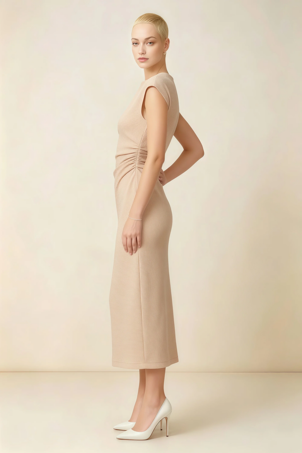Anita Champagne Draped Neck Cap Sleeve Midi Dress