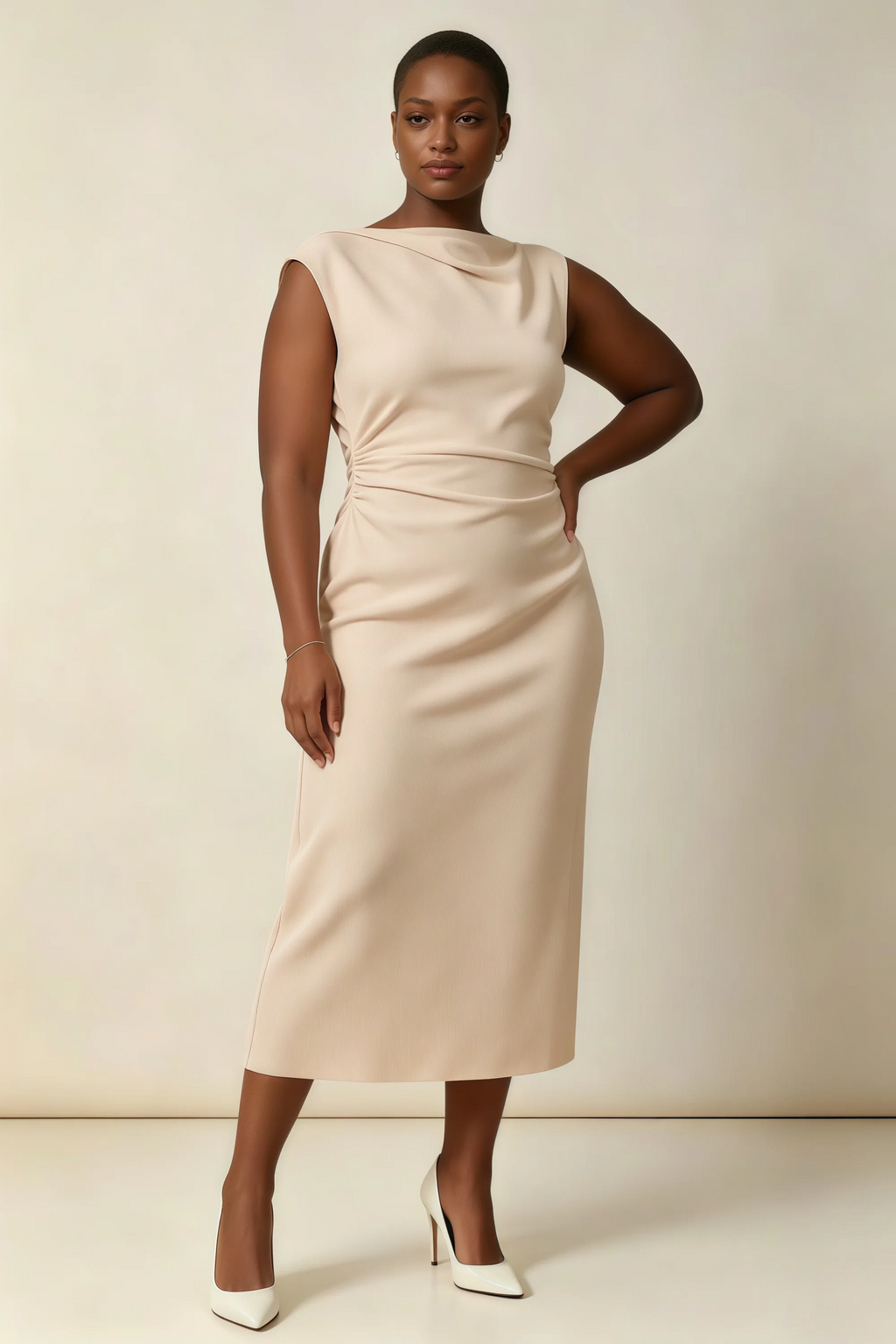Anita Champagne Draped Neck Cap Sleeve Midi Dress