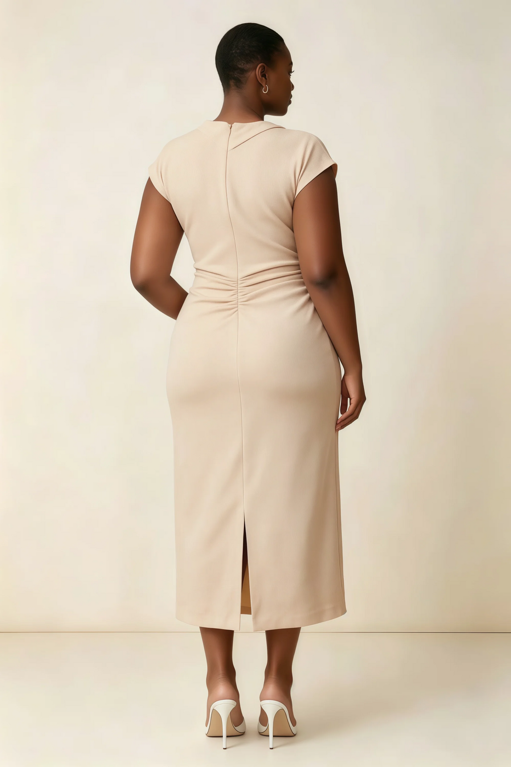 Anita Champagne Draped Neck Cap Sleeve Midi Dress