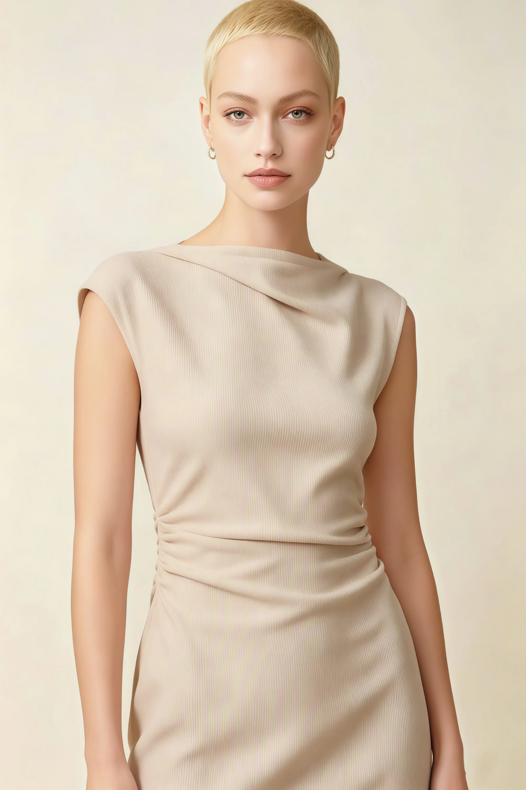 Anita Champagne Draped Neck Cap Sleeve Midi Dress
