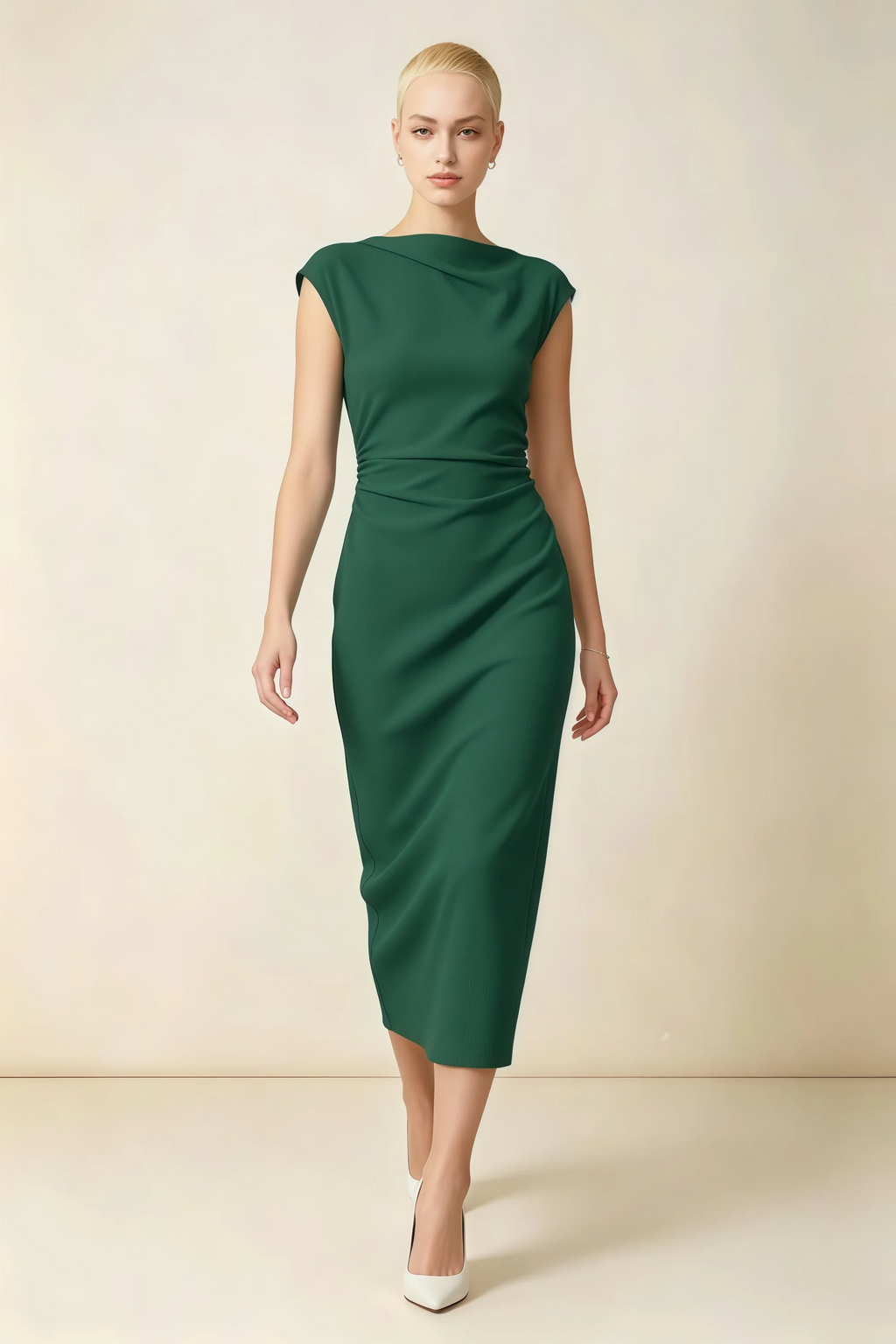 Anita Dark Green Draped Neck Cap Sleeve Midi Dress