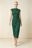 Anita Dark Green Draped Neck Cap Sleeve Midi Dress