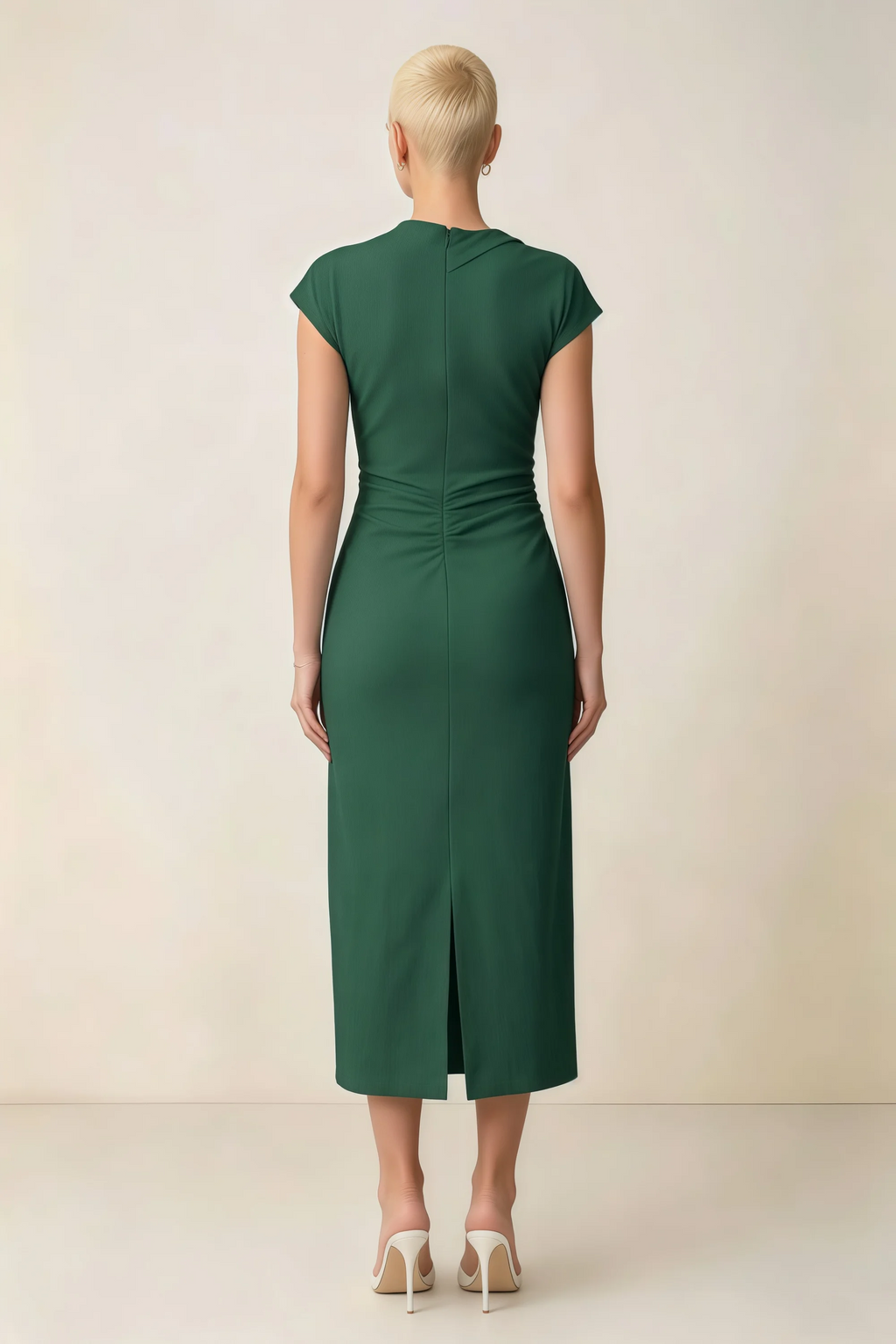 Anita Dark Green Draped Neck Cap Sleeve Midi Dress