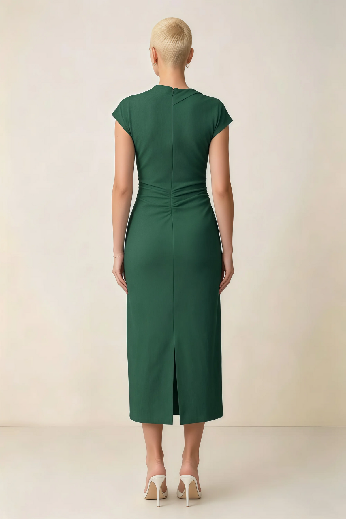 Anita Dark Green Draped Neck Cap Sleeve Midi Dress