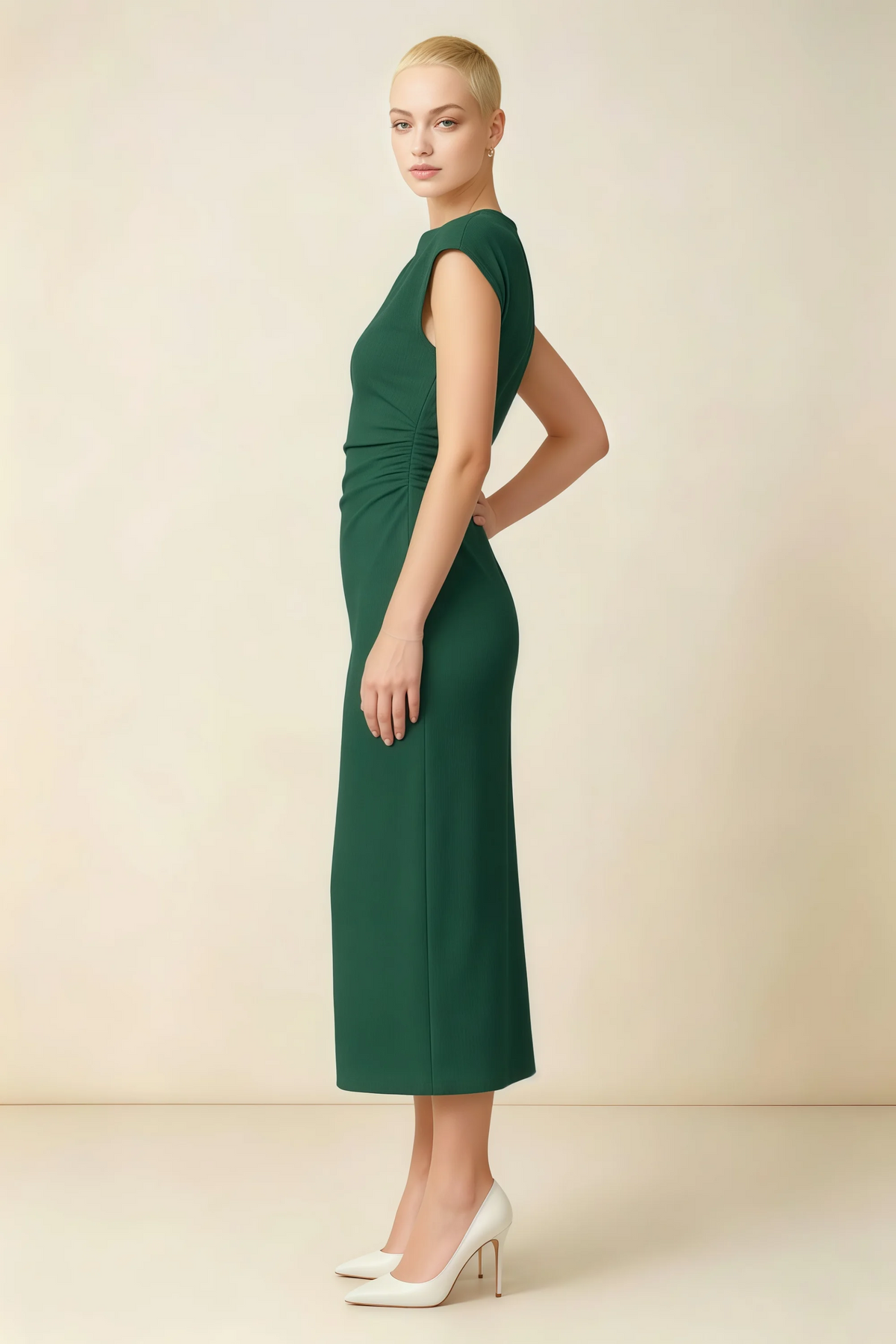 Anita Dark Green Draped Neck Cap Sleeve Midi Dress